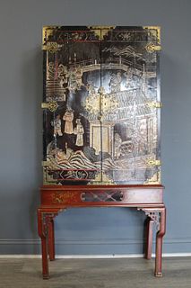Antique Asian Style Carved Cabinet On Stand .