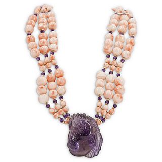 Paulette 14k Gold, Coral and Amethyst Equestrian Necklace