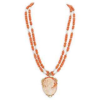 Italian 18k Gold Cameo and Coral Beaded Necklace