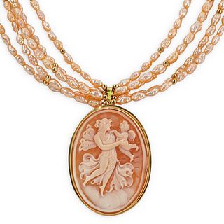 Italian 18k Gold Cameo and Pearl Beaded Necklace