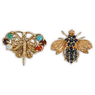 (2 Pc) 14k Gold and Semi Precious Insect Pins
