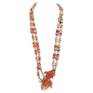 Paulette 14k Gold and Agate Carved Gold Fish Necklace