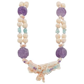 Paullete Coral, Amethyst and Topaz Beaded Necklace