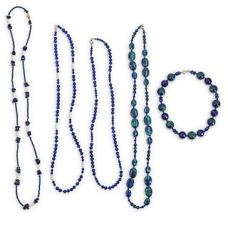 (5 Pc) Paulette 14k Gold and Beaded Lapis Necklaces