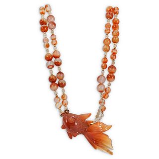 Paulette 14k Gold and Agate Carved Gold Fish Necklace
