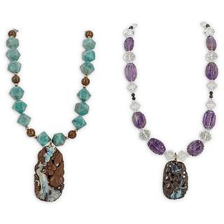 (2 Pc) Paulette 14K, Boulder Opal and Semi Precious Stone Necklaces