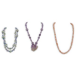 (3 Pc) Paulette 14k Gold, Coral, Amethyst, and Jade Necklaces