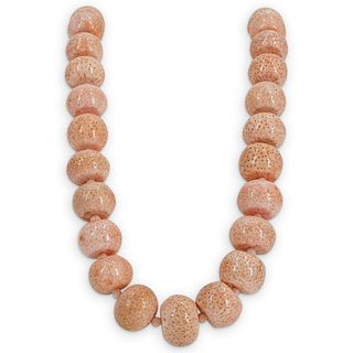 14K Yellow Gold Carved Pink Coral Necklace