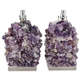 (2 Pc) Amethyst On Lucite Table Lamps