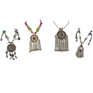 (4 Pc) Paulette Oriental Silver Amulet and Semi Precious Stone Necklace