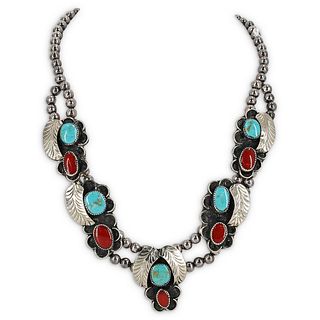 Navajo Style Sterling, Turquoise and Coral Necklace