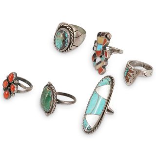 (6 Pc) Navajo Signed Sterling Silver Rings Set