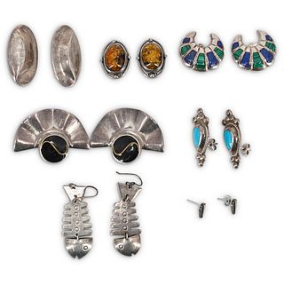 (7 Pc) Vintage Sterling and Semi Precious Stone Earrings