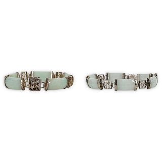 (2 Pc) Chinese Silver and Jade Linked Bracelets