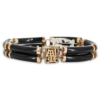 Chinese 14k Gold and Black Jade Bracelet