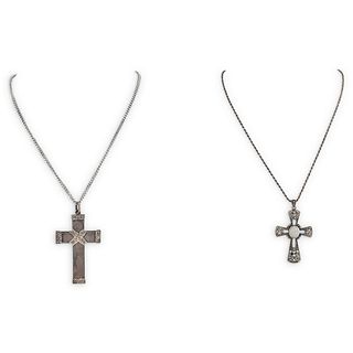(2 Pc) Antique Sterling Cross Pendant Necklaces