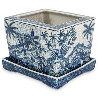 (2 pc) Blue and White Porcelain Cache Pot