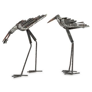 (2 pc) Glazed Metal Bird Sculptures