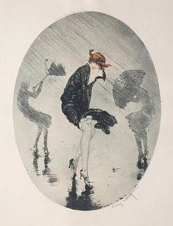 Louis Icart - Rain Original Engraving, Hand Watercolored by Icart