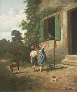 Alix Louise Enault - Children Playing with Parrot