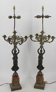 An Antique Pair Of Patinated & Gilt Bronze Figural
