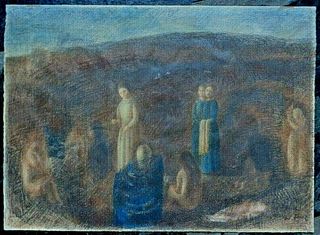 Werner Feuz, Symbolist, mixed media 'Figures in Landscape' signed, ca. 1922