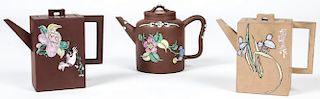 3 Chinese floral enameled Yixing Tea Pots