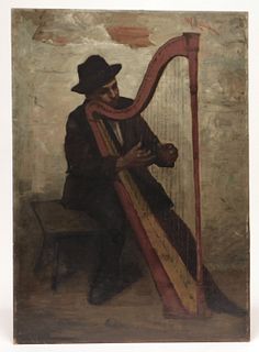 C.1940 German Impressionist Harp Player Painting
