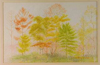 Autumnal Landscape Pointillist WC Painting