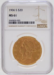United States 1906 S $20 Gold Coin NGC MS 61