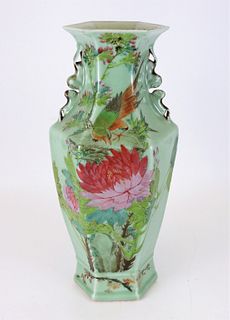 Chinese Avian & Botanical Celadon Vase