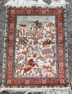 Middle Eastern Pictorial Hunting Scene Silk Rug