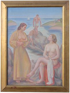 Signed, American School Nude Bathers Painting