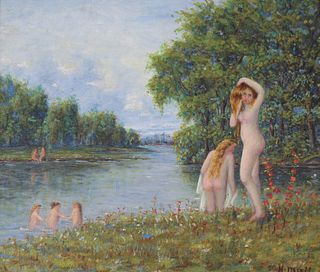 Signed 20th C. Painting of Nude Bathers