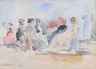 After Boudin, Watercolor of Figures on the Beach