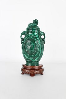 Chinese Carved Malachite Vase on Stand