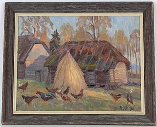 American School Painting of a Farmstead, Signed