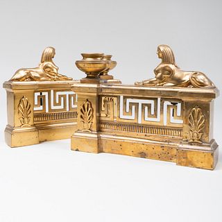 Pair of Empire Style Brass and Gilt-Metal Chenets in the Egyptian Style