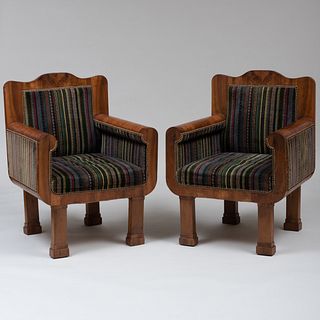 Pair of Late Biedermeier Walnut and Velvet Upholstered Armchairs