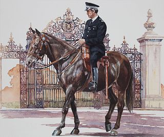 Brian Sanders (B 1937) "Mounted Police" Watercolor