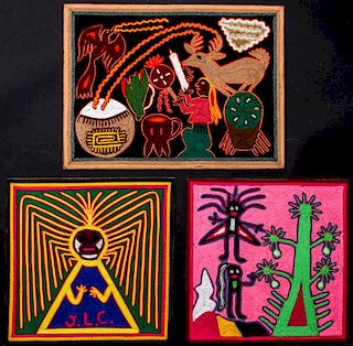 3 Lap Sized Mexican Huichol Yarn Paintings