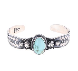 Navajo Kingman Turquoise Tooled Silver Bracelet