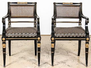 Pair Labeled Baker Empire Style Arm Chairs