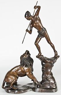 43" Bronze Figural Sculpture of a Hunter and Lion