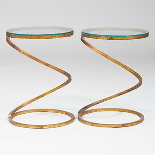 Pair of Gilt-Iron Scroll Base Low Tables