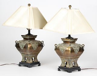 Pair of Vintage Chinese Brass Tabletop Lamps