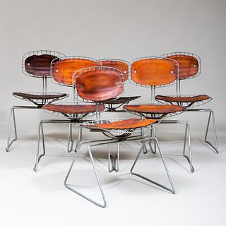 Six Michel Cadestin and Georges Laurent  Metal and Leather 'Beaubourg' Side Chairs