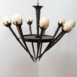 Monumental Handcrafted Metal-Mounted Ostrich Egg and Horn Nine-Light Chandelier