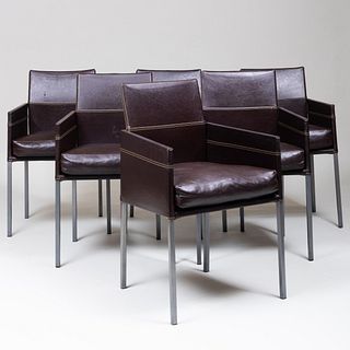 Set of Six KFF Brown Leather and Metal Armchairs