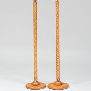 Pair of Modern Carved Limed Wood Floor Lamps